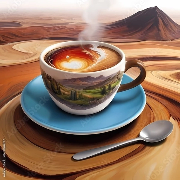 Fototapeta Crea una imagen abstracta de un tapiz de un paisaje emergiendo de una taza de café con el nombre "Alicia"3D Ultradetallado. Hiperrealistav