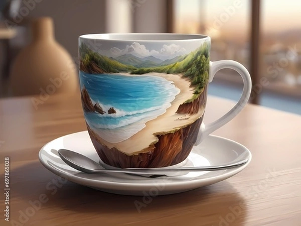 Fototapeta Crea una imagen abstracta de un tapiz de un paisaje emergiendo de una taza de café con el nombre "Alicia"3D Ultradetallado. Hiperrealistav