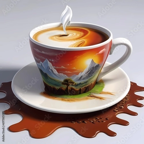 Fototapeta Crea una imagen abstracta de un tapiz de un paisaje emergiendo de una taza de café con el nombre "Alicia"3D Ultradetallado. Hiperrealistav