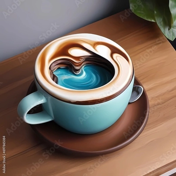 Fototapeta Crea una imagen abstracta de un tapiz de un paisaje emergiendo de una taza de café con el nombre "Alicia"3D Ultradetallado. Hiperrealistav