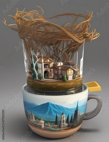 Fototapeta Crea una imagen abstracta de un tapiz de un paisaje emergiendo de una taza de café con el nombre "Alicia"3D Ultradetallado. Hiperrealistav