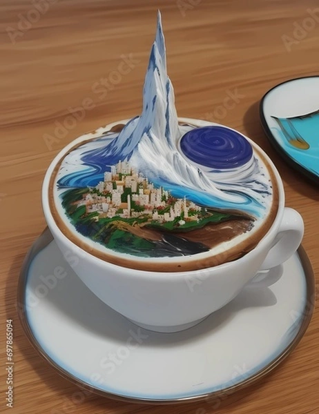 Fototapeta Crea una imagen abstracta de un tapiz de un paisaje emergiendo de una taza de café con el nombre "Alicia"3D Ultradetallado. Hiperrealistav