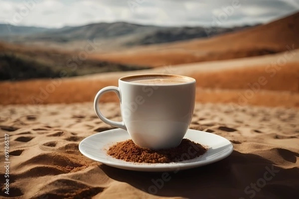 Fototapeta Crea una imagen abstracta de un tapiz de un paisaje emergiendo de una taza de café con el nombre "Alicia"3D Ultradetallado. Hiperrealistav