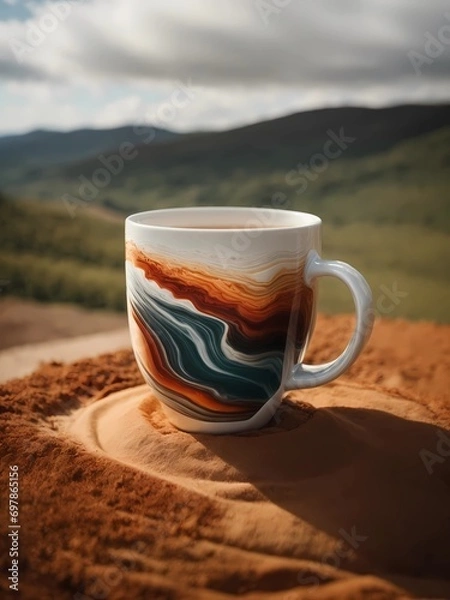 Fototapeta Crea una imagen abstracta de un tapiz de un paisaje emergiendo de una taza de café con el nombre "Alicia"3D Ultradetallado. Hiperrealistav