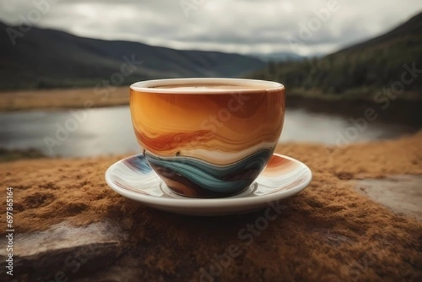 Fototapeta Crea una imagen abstracta de un tapiz de un paisaje emergiendo de una taza de café con el nombre "Alicia"3D Ultradetallado. Hiperrealistav