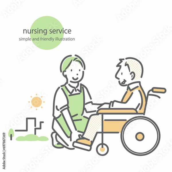 Fototapeta 車いすの高齢男性に話しかける男性介護職員　シンプルでお洒落な線画イラスト