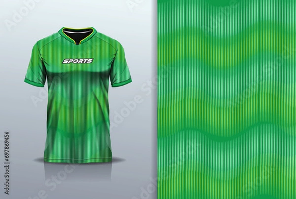 Obraz T-shirt mockup with abstract sound wave pattern sport jersey design for football, soccer, racing, esports, running, in green color 