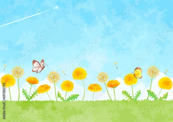 Fototapeta タンポポが咲く風景イラスト