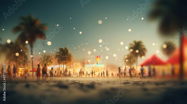 Fototapeta Magical beach festival atmosphere with fireworks and illuminated attractions at night.