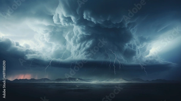 Fototapeta Dramatic supercell storm with lightning strikes over a mountain range at twilight.