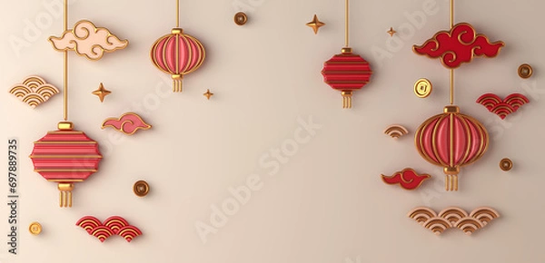 Fototapeta Chinese new year 2024 decoration background with lantern, cloud, Chinese coin cartoon style, mid autumn, gong xi fa cai, copy space text, 3d rendering illustration