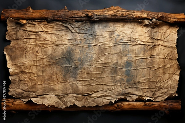 Obraz a blank piece of parchment tattered from old age with rolled sides on the left and right, white background
