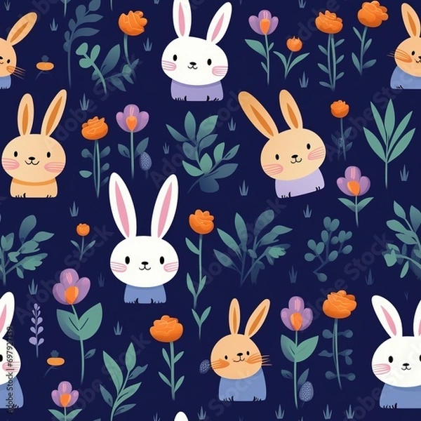 Fototapeta Seamless pattern with cute rabbits and flowers