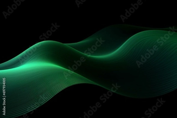 Fototapeta Abstract green wave on black background. Generative AI