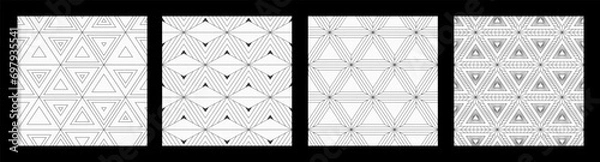 Fototapeta Set of four abstract seamless patterns with triangles. Outline stylish geometric lattice. Ornamental triangles patterns. Black and white vector backgrounds. Geometric tiles patterns.