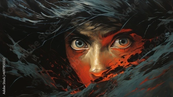 Fototapeta A mesmerizing portrait of a woman's face, intricately captured through a blend of painting and drawing techniques, showcasing the beauty and complexity of the human form