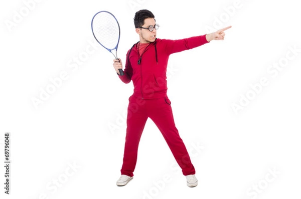 Fototapeta Funny tennis player isolated on white