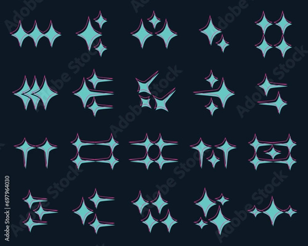 Fototapeta Collection of abstract y2k star shape elements. Slice effect style black teal and pink star shape elements.
