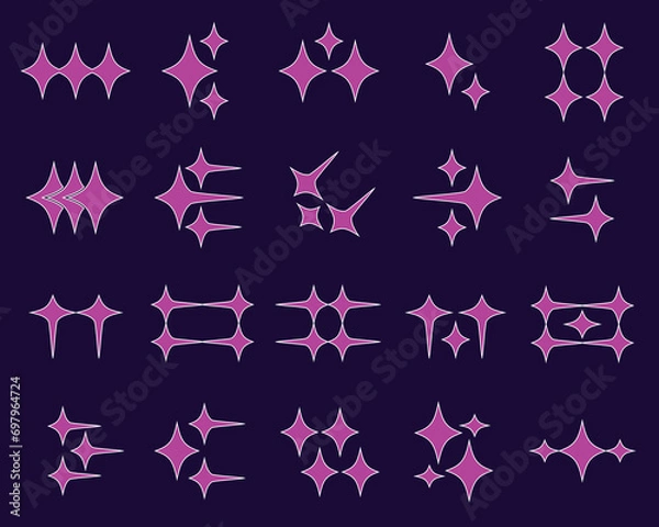 Fototapeta Collection of abstract y2k star shape elements. Filled line style dark purple and pink star shape elements.