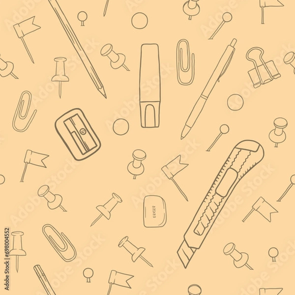 Fototapeta Seamless vector pattern for gift paper and background with office, school stationery and clips. Hand-drawn illustration