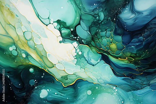 Obraz Green light abstract fluid art painting in liquid ink technique for background.  Generative Ai