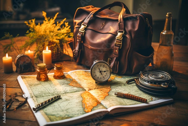 Obraz Travel planner with Object and accessories for travelers.  Generative AI