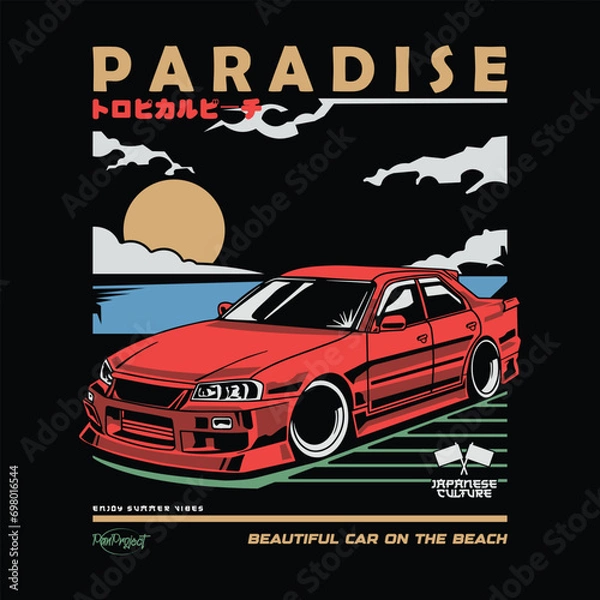 Obraz illustration of a beautiful car on the beach, translation good vibes