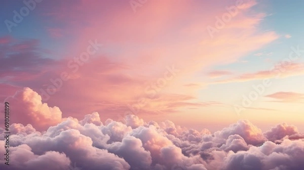 Fototapeta Sky at sunset, sky at sunrise, clouds, orange clouds cirrus clouds, cumulus clouds, sky gradient, sky background at dusk, twilight, nightfall, pink sky, pink clouds, sun, environment, Generative Ai 