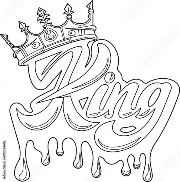 Obraz A Vibrant King Logo With A Dripping Paint Effect Outline Vector Illustration. King Text Logo Coloring Page. Crown On King Logo Illustration. 