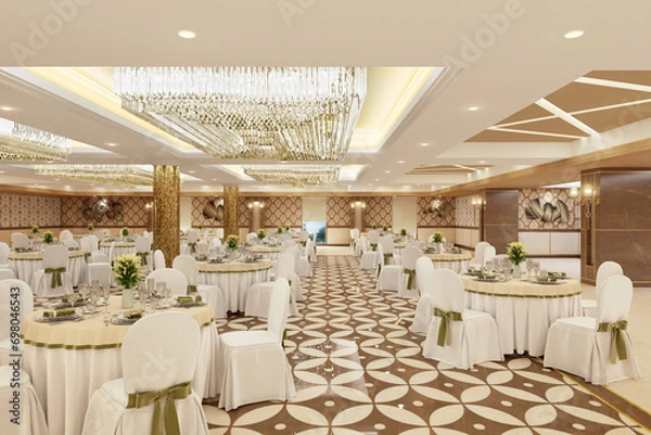 Fototapeta Luxurious wedding reception in a grand and glamorous indoor ballroom 3d render 