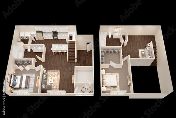 Fototapeta 1bhk 2bhk 3bhk with parking  3D floor plan 3d modelling render concept .