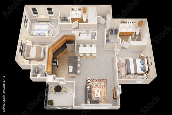 Fototapeta 1bhk 2bhk 3bhk with parking  3D floor plan 3d modelling render concept .