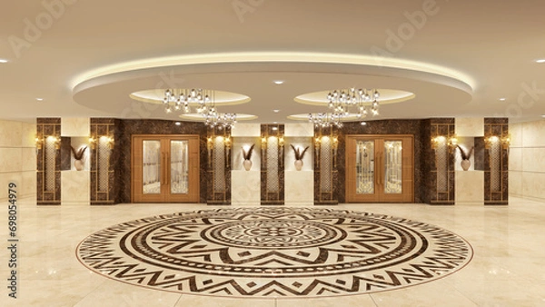 Fototapeta Luxurious wedding reception in a grand and glamorous indoor ballroom 3d render 