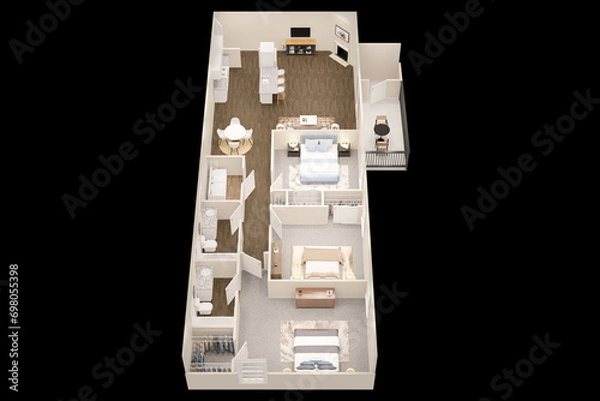 Fototapeta 1bhk 2bhk 3bhk with parking  3D floor plan 3d modelling render concept .