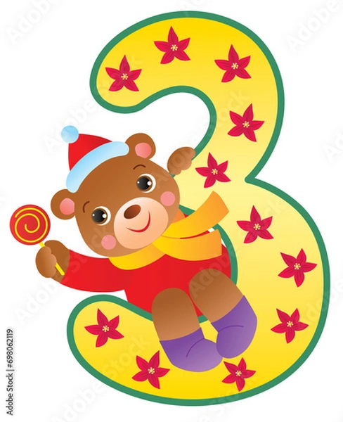 Fototapeta Festive digit three decorated with poinsettia and Teddy Bear on it.