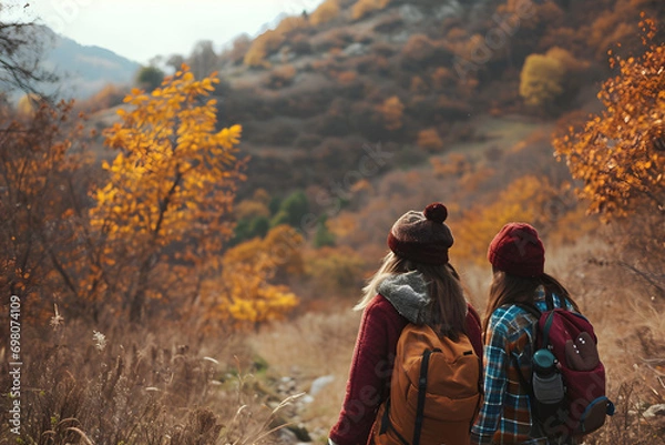 Obraz group of kids walking in the mountain wearing backpacks