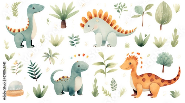Fototapeta Watercolor cute Dino set with trees, plants, and other elements on a white background.