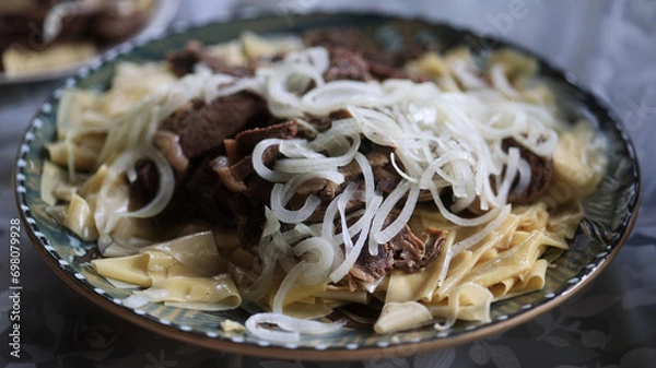 Obraz Asian national dish Beshbarmak meat and dough