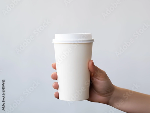 Fototapeta 
photo mockup of a disposable coffee cup, disposable paper cup for coffee take away, with white lid