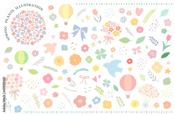 Obraz 春の手がきのパステル植物イラストセット・ベクター