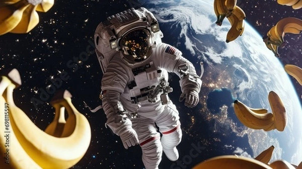 Fototapeta an astronaut in a spacesuit in zero gravity, with planet earth in the background. defocus photo for text, mock-up, concept advertising healthy eco-friendly food, veganism, vegetarianism, plant farms. 