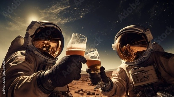 Fototapeta two astronauts clink glasses of light beer on the moon, in the background space and stars, concept of space, technology, planets, universe, brewing,beer, bar, travel advertising