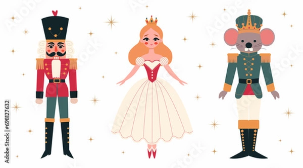 Fototapeta Christmas set of characters from the winter fairy tale of the ballet Nutcracker's story. Nutcracker, mouse king, princess ballerina. Fairy tale characters. Colored vector illustration in flat style