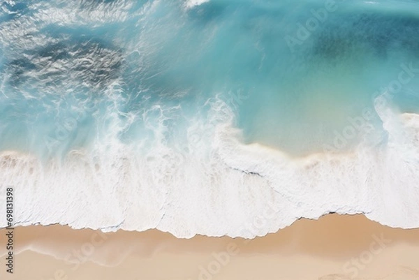 Fototapeta The image shows a large turquoise wave crashing onto a sandy beach