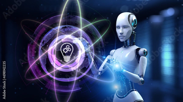 Fototapeta Innovation technology concept. Robot pressing button on screen 3d render.