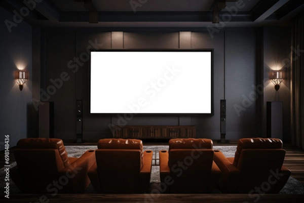 Fototapeta Screen mockup in modern home theater room interior with comfortable armchairs. Frame mock up