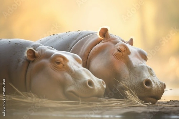 Fototapeta side view of hippos sleeping in warm sunlight