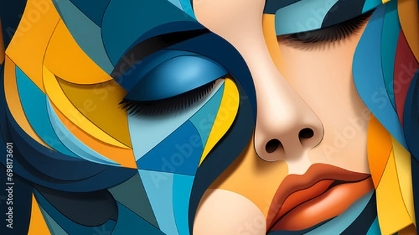 Fototapeta Abstract face of a beautiful woman seamless illustration, pattern in the style of Colorful Minimalism