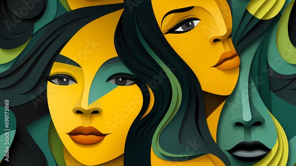 Fototapeta Abstract face of a beautiful woman seamless illustration, pattern in the style of Colorful Minimalism