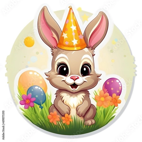 Fototapeta cheerful sticker featuring a cute animal, like a smiling bunny or a playful puppy, for the birthday cards
